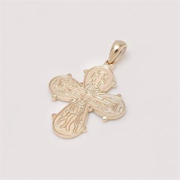 Gold cross-shaped pendant with intricate engravings, rounded ends, and polished finish for a chain.