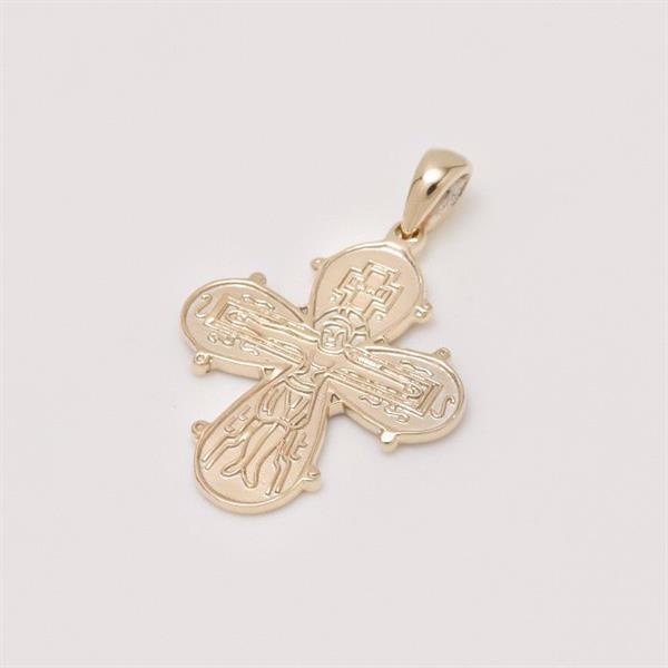 Gold cross-shaped pendant with intricate engravings, rounded ends, and polished finish for a chain.