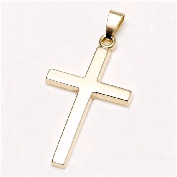 Gold cross pendant, 14 kt, smooth finish, loop for chain, minimalist design, 3.1cm x 1.6cm.