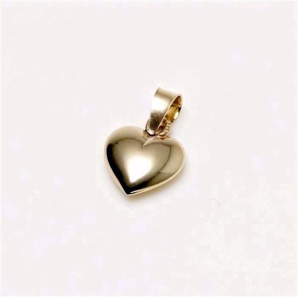 Gold heart pendant, 14kt, smooth reflective surface, loop on top for chain attachment.