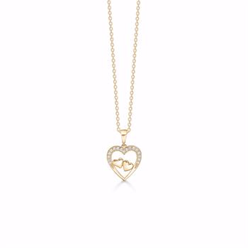 Gold pendant with double heart design, small stones, two inner hearts, on a fine link chain.