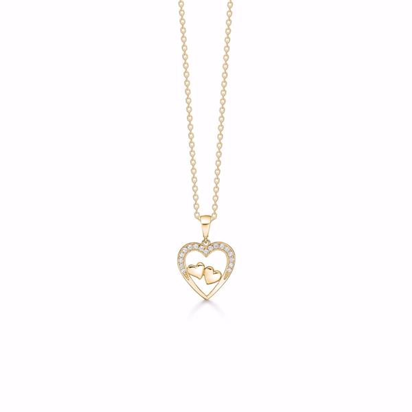 Gold pendant with double heart design, small stones, two inner hearts, on a fine link chain.