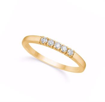 Gold ring with five evenly spaced stones in a row on a polished band.