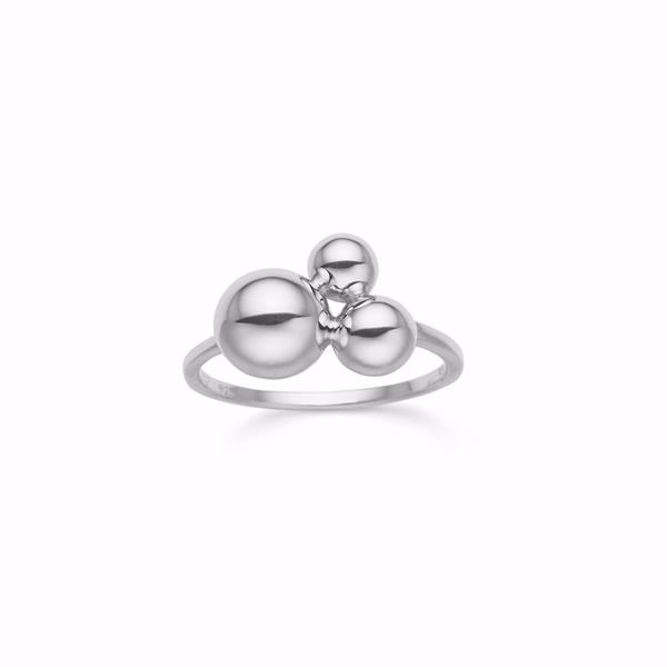 Silver ring with three polished, closely arranged spheres of varying sizes on top.