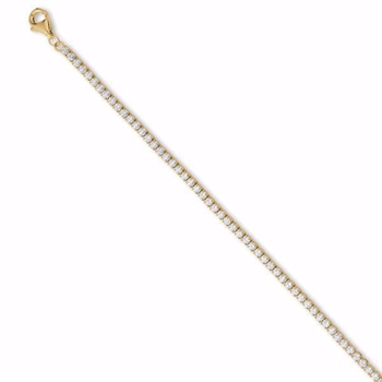 Gold-plated tennis bracelet with clear stones, lobster clasp, and adjustable chain section.