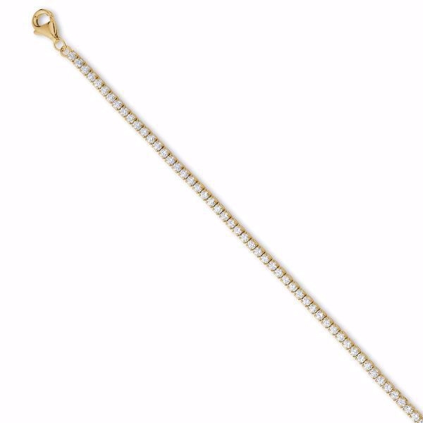 Gold-plated tennis bracelet with clear stones, lobster clasp, and adjustable chain section.