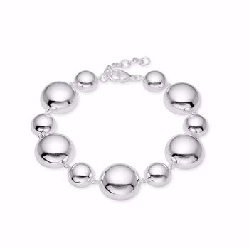 Silver bracelet with polished half-spheres, varying sizes, reflective finish, and a clasp.