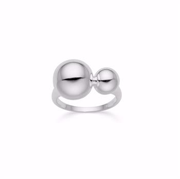 Silver ring with two shiny spheres, one larger, on a smooth band with a sleek, reflective finish.