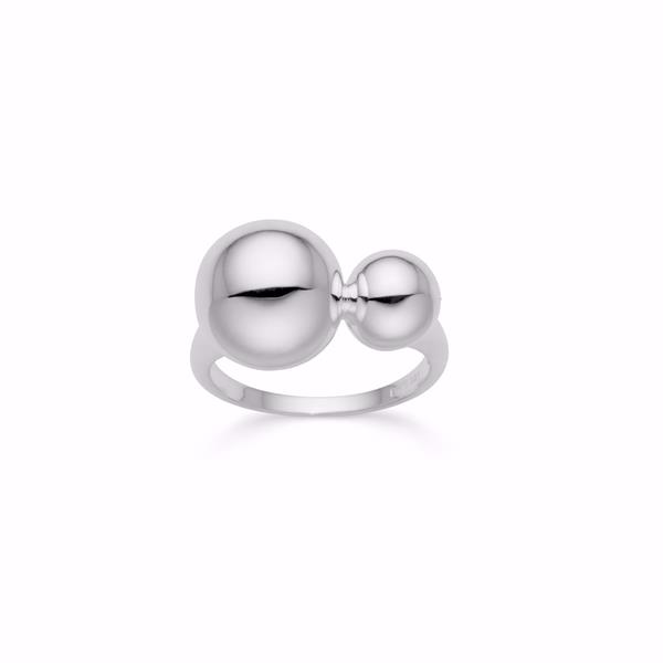 Silver ring with two shiny spheres, one larger, on a smooth band with a sleek, reflective finish.