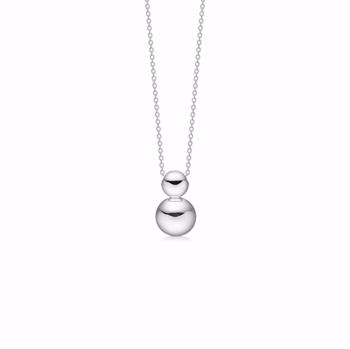 Silver pendant with two stacked spheres on a fine chain, featuring a polished, reflective finish.
