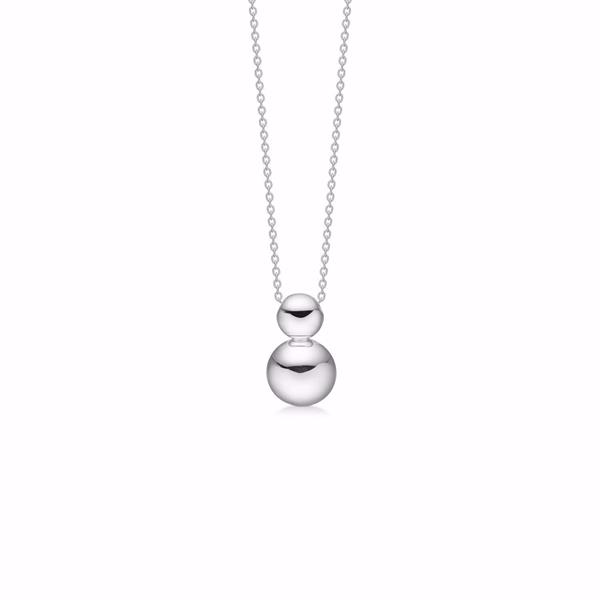 Silver pendant with two stacked spheres on a fine chain, featuring a polished, reflective finish.
