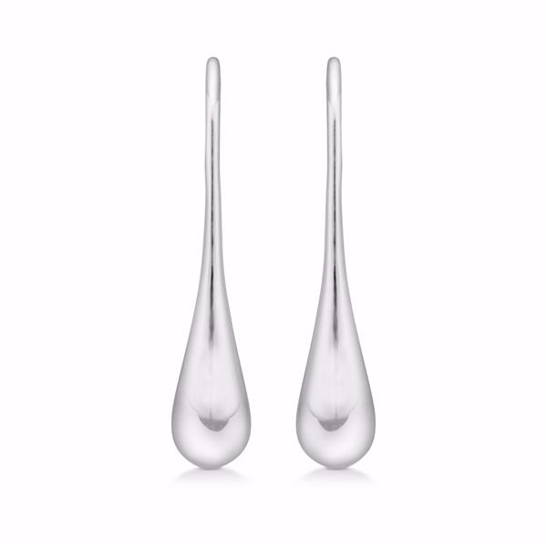 Silver earrings with a polished, smooth, elongated drop shape, symmetrical and elegant design.