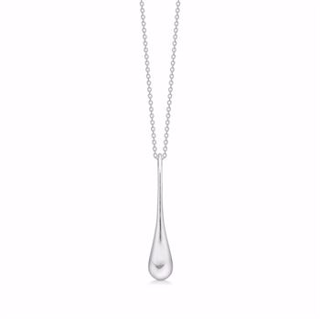 Silver necklace with droplet-shaped pendant on a delicate chain, simple and elegant design.