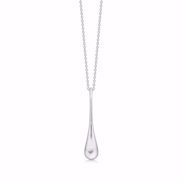 Silver necklace with droplet-shaped pendant on a delicate chain, simple and elegant design.