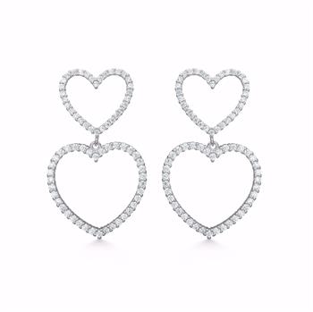 Double heart silver earrings with zirconia; smaller heart connects to larger, both encrusted, drop style.
