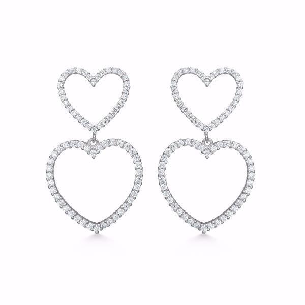 Double heart silver earrings with zirconia; smaller heart connects to larger, both encrusted, drop style.