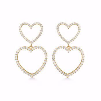 Gold-plated earrings with two intertwined heart outlines, adorned with sparkling zirconia stones.