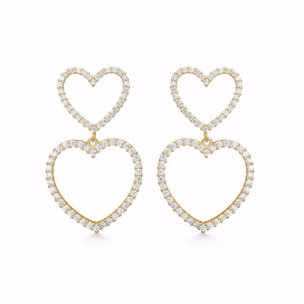 Gold-plated earrings with two intertwined heart outlines, adorned with sparkling zirconia stones.