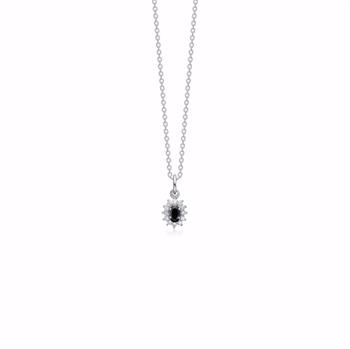Silver necklace with dark stone pendant surrounded by clear stones in a rosette, linked chain.