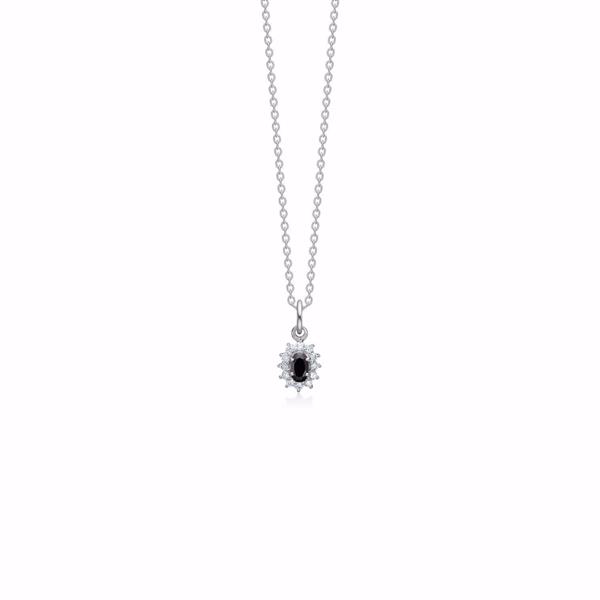 Silver necklace with dark stone pendant surrounded by clear stones in a rosette, linked chain.