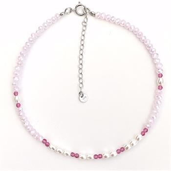 Guld & Sølv Design rhodium-plated silver anklet with pink crystal and glass beads