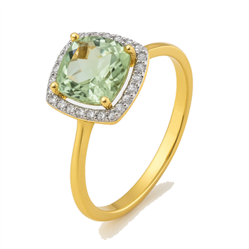 14kt gold ring, rosette with large green amethyst and 0.085 ct diamonds W/SI