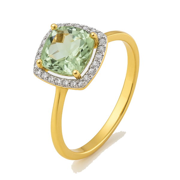 14kt gold ring, rosette with large green amethyst and 0.085 ct diamonds W/SI