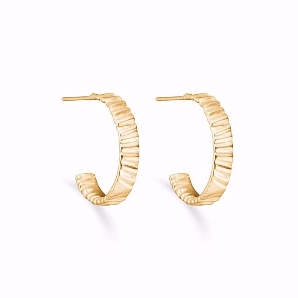 Gold semi-circular hoop earrings with ribbed texture and post fastening, model 11580/F.