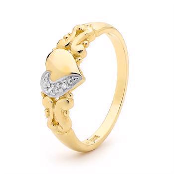 Gold heart finger ring w/ 2 pcs 0,005 ct diamonds
