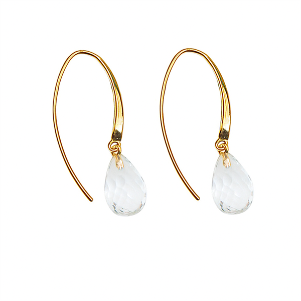 Earrings with drop-shaped rock crystal hanging from gold-colored metal wire.