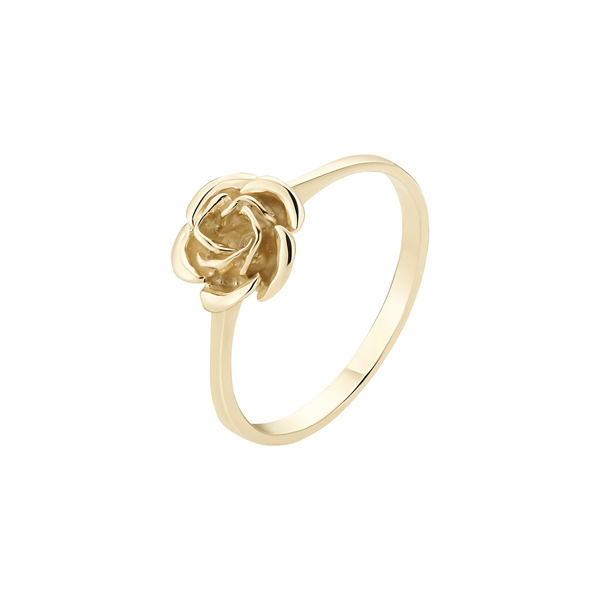 Gold ring with rose design, thin band, and shiny finish.