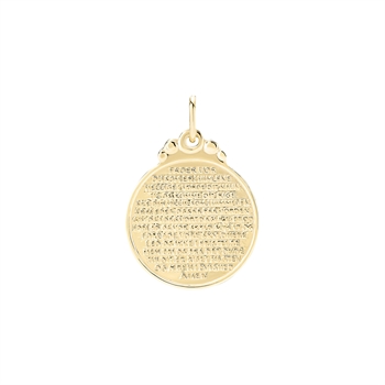 Round gold pendant with engraved text, polished finish, and top loop for chain attachment.