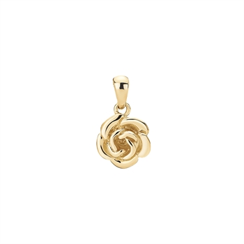 Gold rose-shaped pendant, polished surface, with bail for chain attachment.