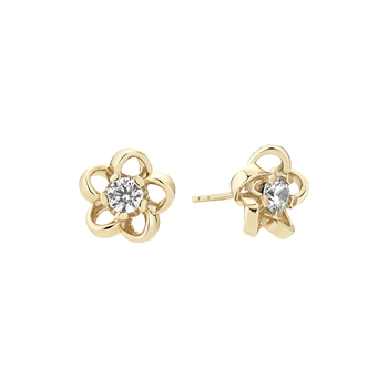 Gold flower-shaped earrings with central clear stones and post-style backings.