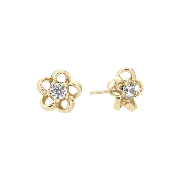 Gold flower-shaped earrings with central clear stones and post-style backings.