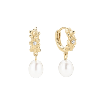 Gold floral earrings with clear stones and suspended white pearls.