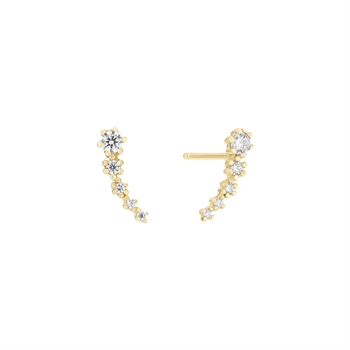 Gold curved stud earrings with small zirconia stones in a line, set in 8-karat gold-colored metal.