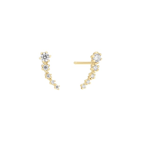 Gold curved stud earrings with small zirconia stones in a line, set in 8-karat gold-colored metal.