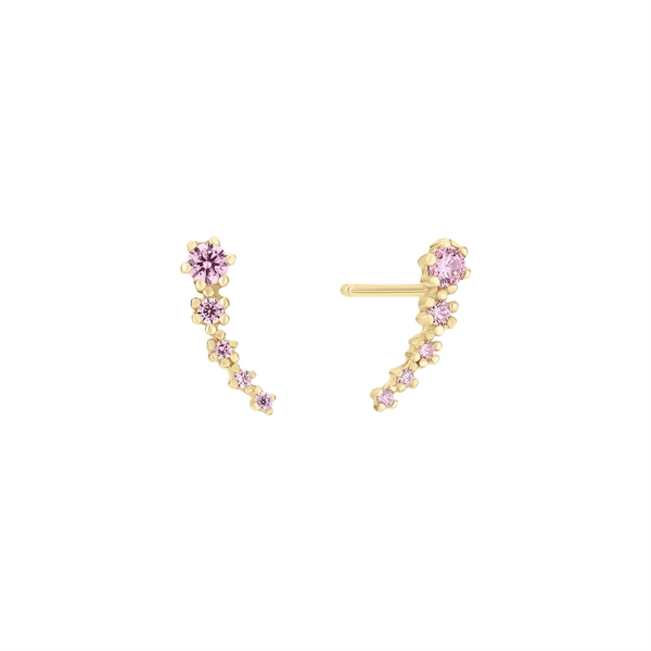 Gold earrings with curved design, large pink stone at top, smaller pink stones along the curve.