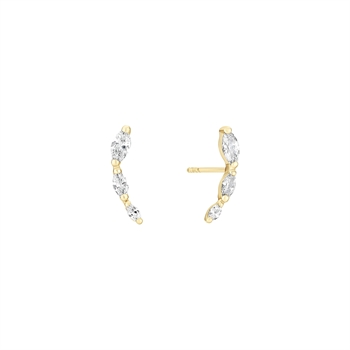 Curved gold earrings with marquise-cut stones and post-back closure.
