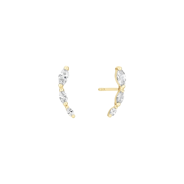 Curved gold earrings with marquise-cut stones and post-back closure.