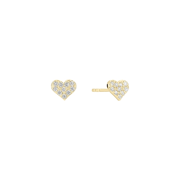 Heart-shaped earrings with sparkling stones, shown from front and side, highlighting the post.