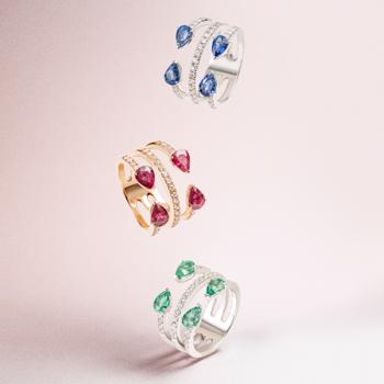 Moraglione - Three rings, three expressions of elegance. Sapphires, rubies, and emeralds shine in a refined design.