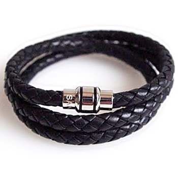 San - Link of joy Men's Jewellery leather/sterling silver black 3-piece leather bracelet, 23 cm with shiny surface