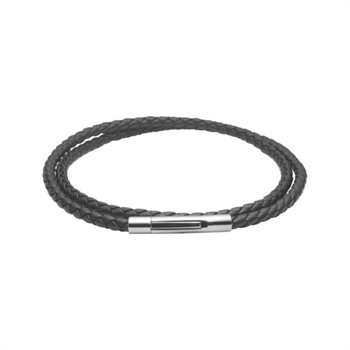 Dobbelt herrearmbånd i stål og flettet sort læderkomposit - 19,5 cm langt (to gange rundt) from Blicher Fuglsang