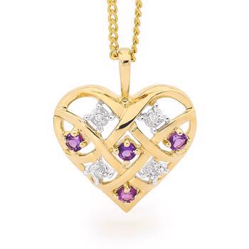 Gold heart pendant with 4 x 0,005 ct diamond and 4 x Amethyst