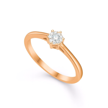 Gold ring with round diamond in solitaire setting, six prongs, polished band, elegant and simple.
