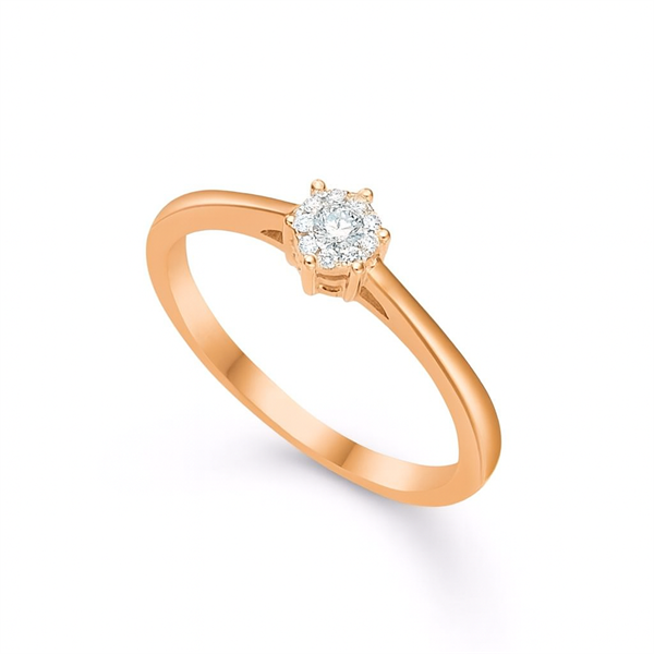 Gold ring with round diamond in solitaire setting, six prongs, polished band, elegant and simple.
