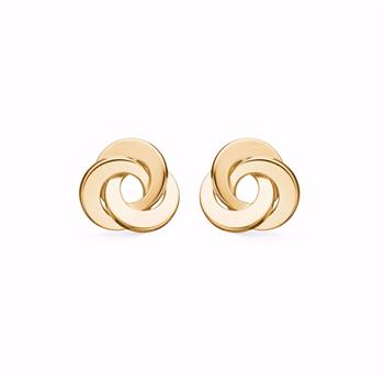 Gold knot-shaped earrings with intertwined circles and polished finish, small to medium size.