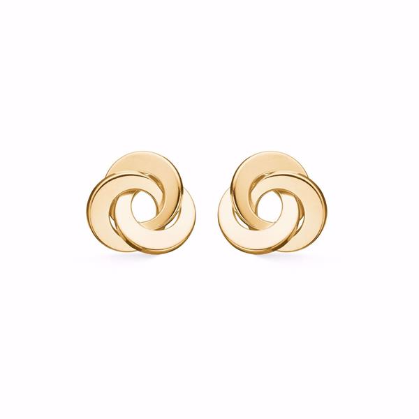 Gold knot-shaped earrings with intertwined circles and polished finish, small to medium size.